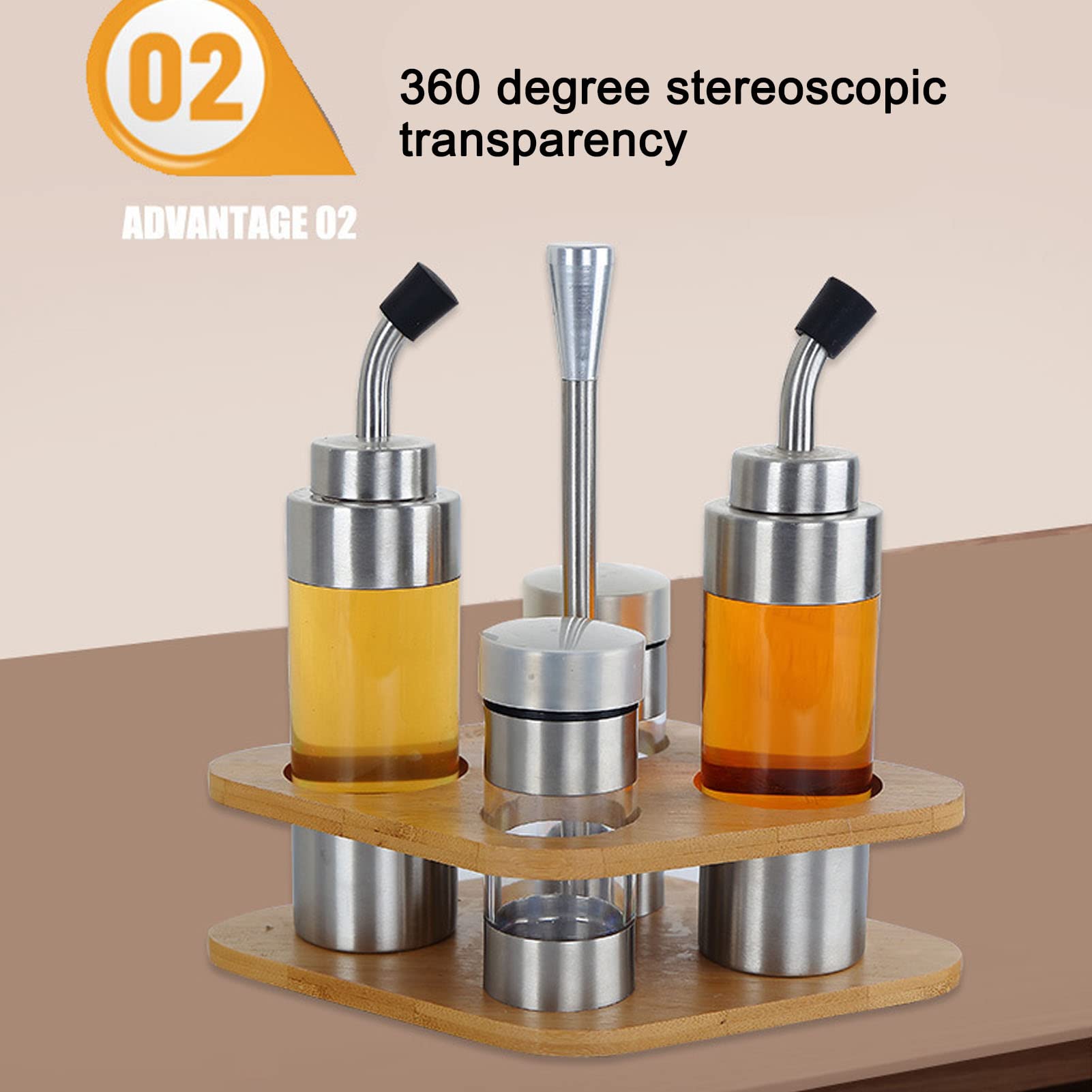 Öl-Salzspender-Set mit 4 Flaschen mit Holzgestell, 2 Ölspenderflasche, 2 Gewürzpulverflasche, Salz-Essig-Pfeffer-Würz-Set für Küchentischplatte