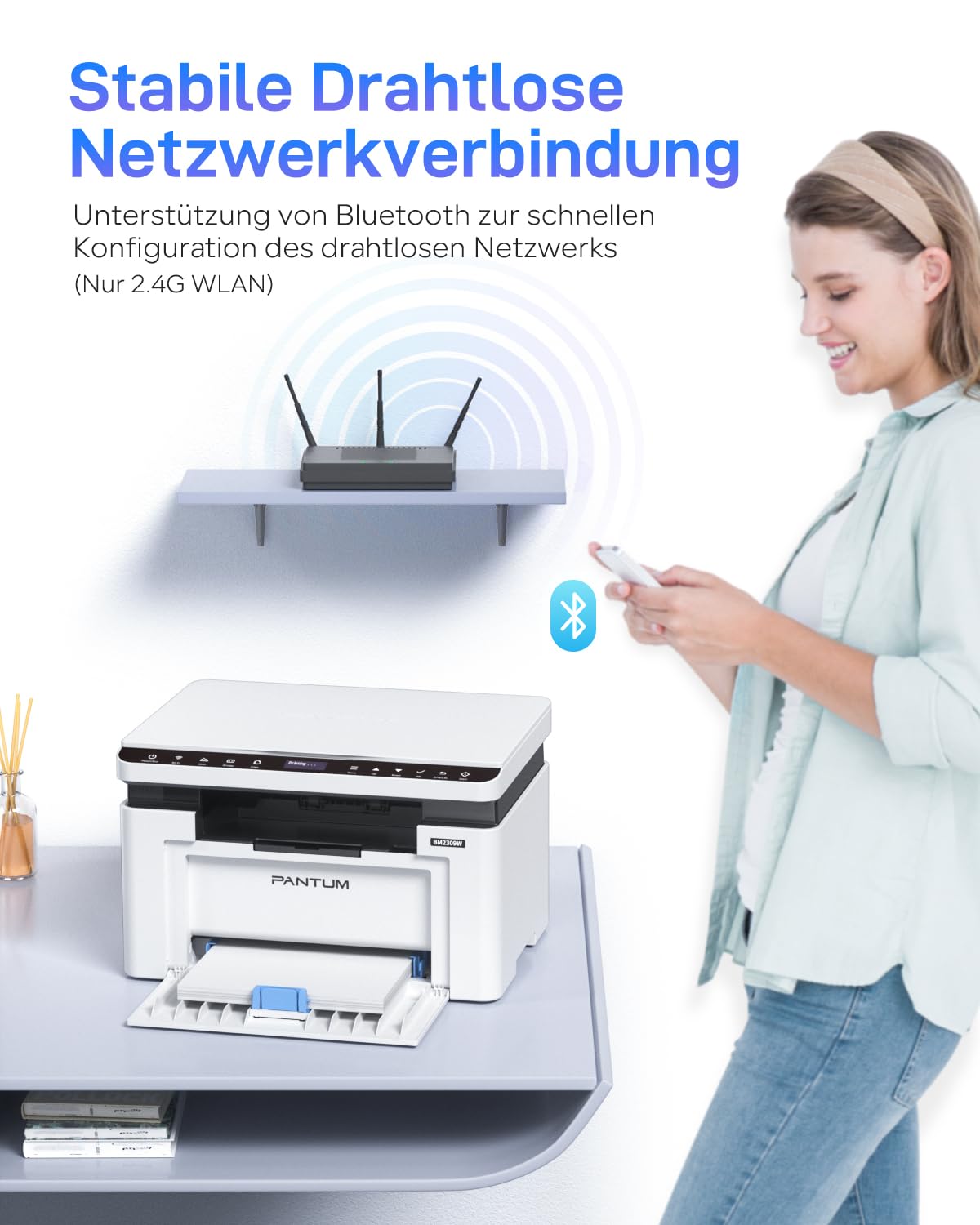 PANTUM BM2309W laserdrucker Multifunktionsgerät, Drucker Scanner Kopierer 3in1, Schwarz Weiss, WLAN Drucker, Airprint, A4, 1200 x 600 DPI, 20 Seiten pro Minute