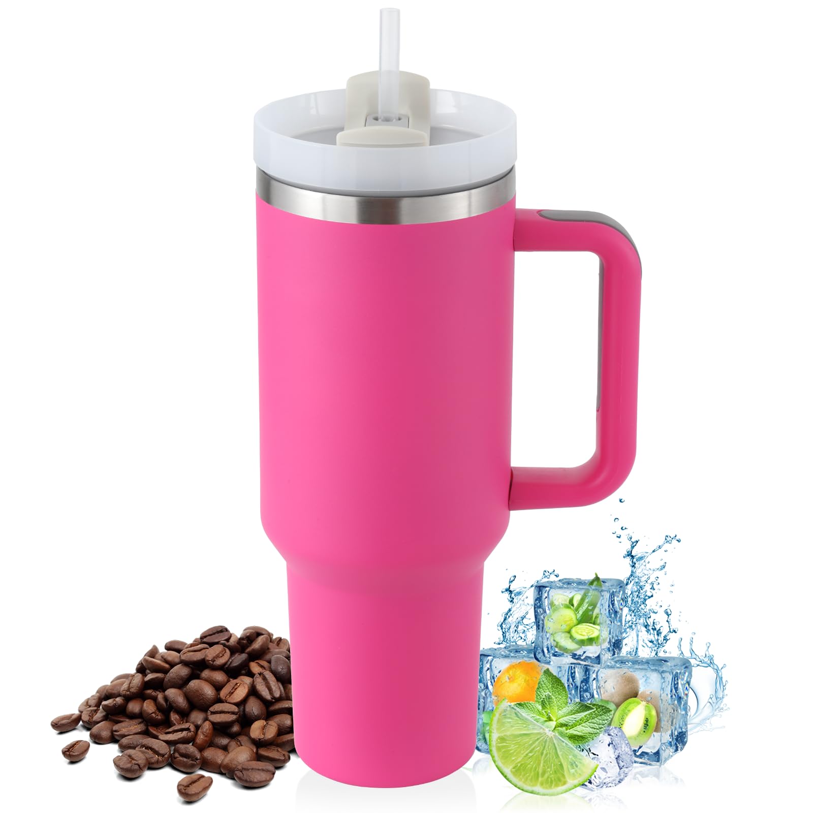 PRAOAHEI 40oz Thermobecher mit Strohhalm und Henkel, Aufgewertet Doppelwandiger Edelstahl Heiße Kalte Getränke Vakuum Trinkbecher,Kaffeebecher für Zuhause Heiß Rosa Hot Pink