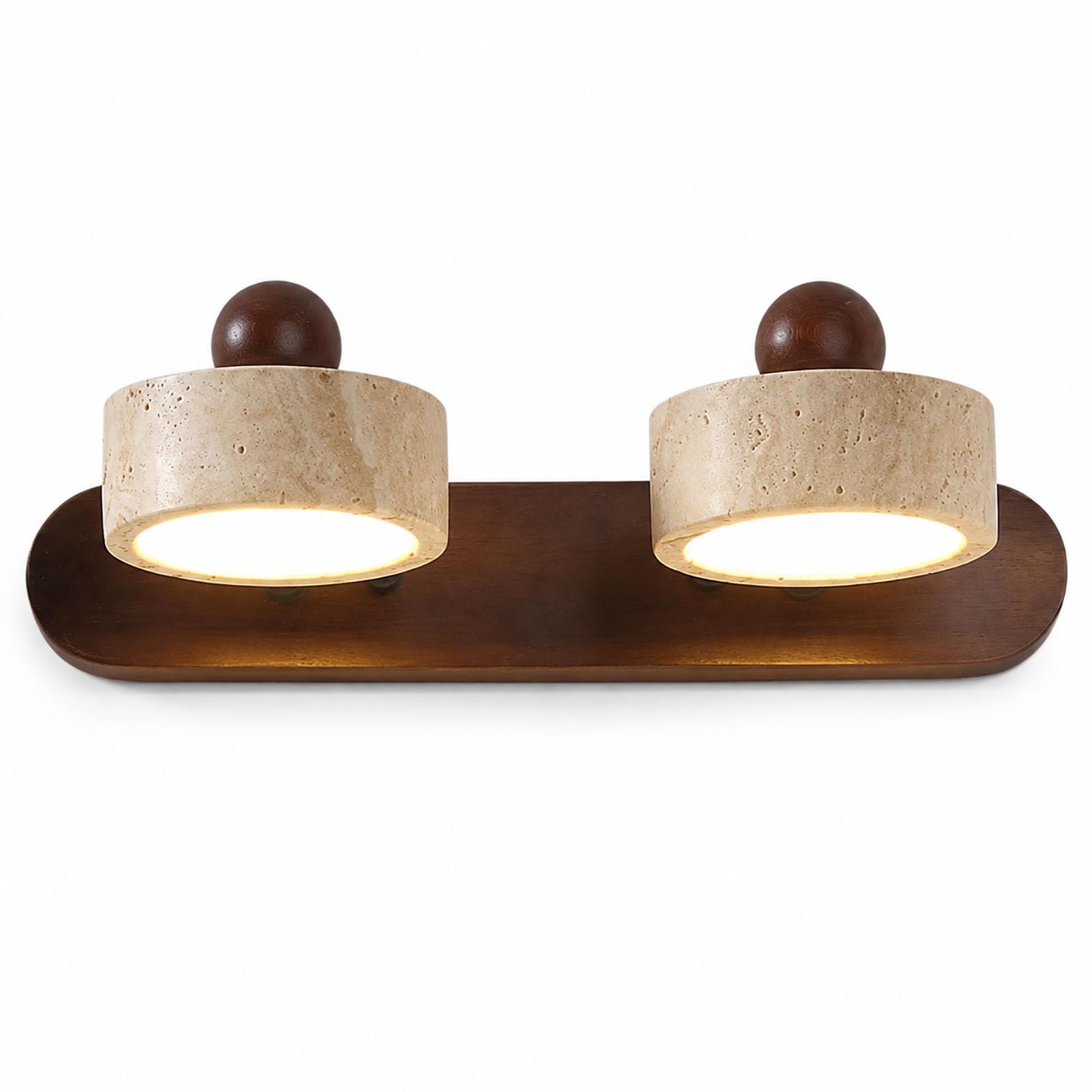 Spiegelleuchte Bad aus Naturtravertin und Massivholz, LED Badlampe über Spiegel, 2/3/4 Leuchtenköpfe, 3000 K Warmgelbes, 180° drehbar, Walnuss/Naturholz, für Schminktisch,Walnut color,2 Light
