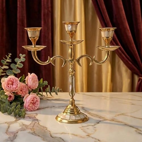 House of Wemy - Candelabro elegante de tres brazos de latón con madreperla para velas cónicas para decoración del hogar, dormitorio, sala de estar,