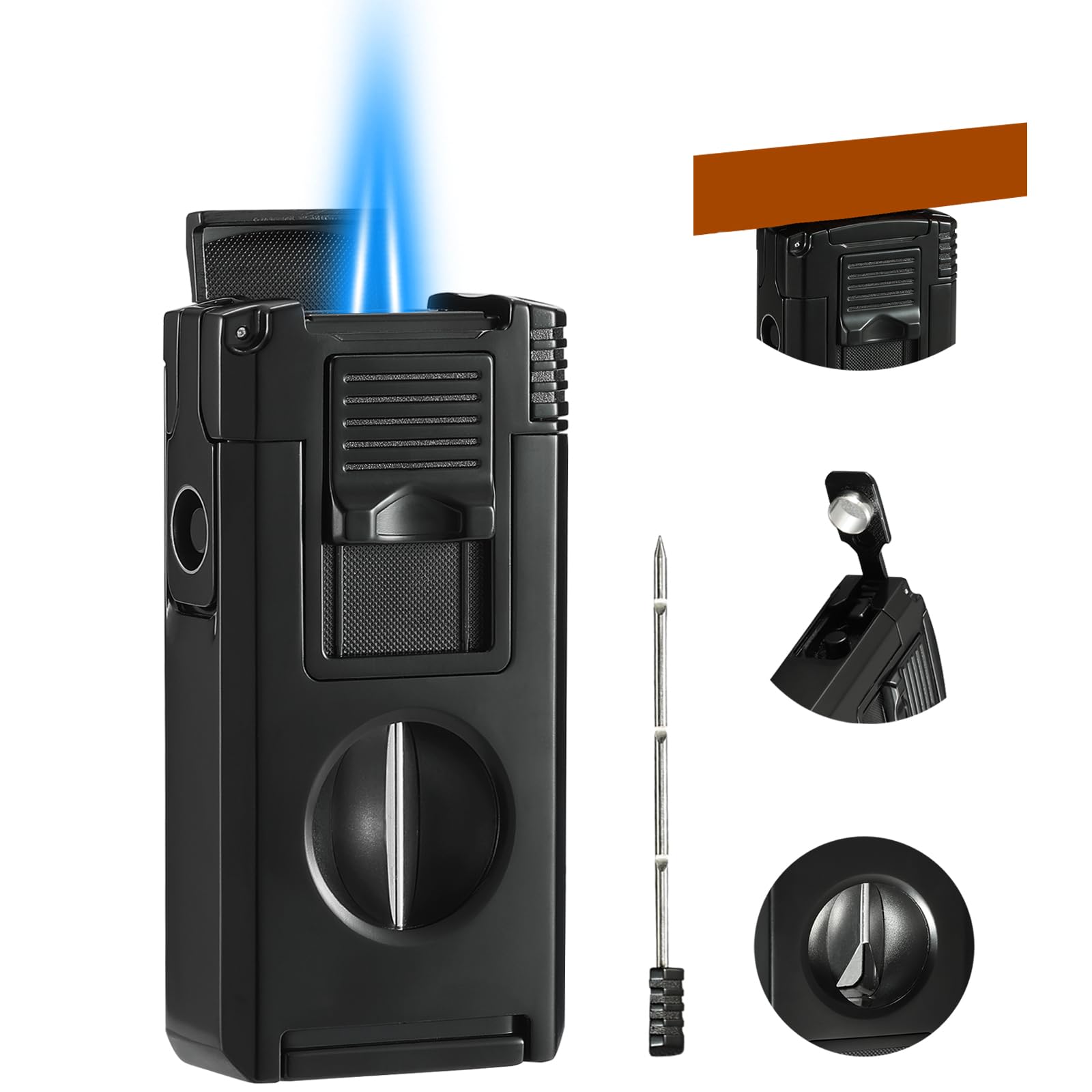 All in One Jet Flame Butane Torch Lighter Built-in Cutter V Cut, Punch, Holder Function, Draw Enhancer Tool, Refillable and Adjustable Windproof Gas Lighter, Black (Sold Without Gas) ?