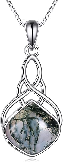 YAFEINI Irish Celtic Pendant Necklace with Moss Agate