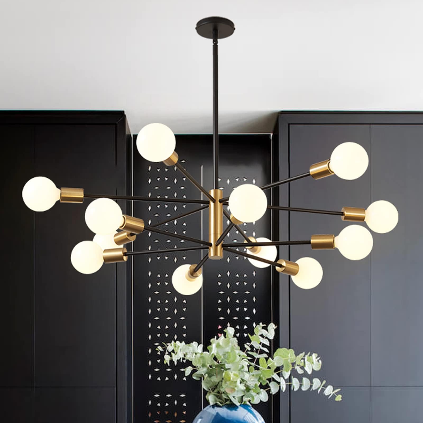 Photo 1 of RUIYEY Modern Chandelier Ceiling Light Fixture - 33.4" 12-Light Gold and Black Sputnik Chandeliers, Height Adjustable Industrial Farmhouse Pendant Lighting for Dining Room, Living Room, Kitchen Island