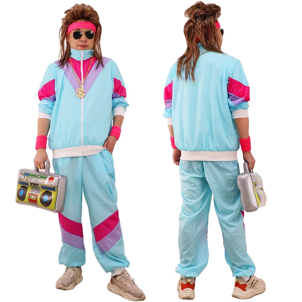 LXUBDXY Jaren 80-outfit voor heren en dames, retro trainingspak met jas, broek, pak en accessoires, joggingpak jaren 80, partnerkostuum, carnaval, themafeest, blauw, L