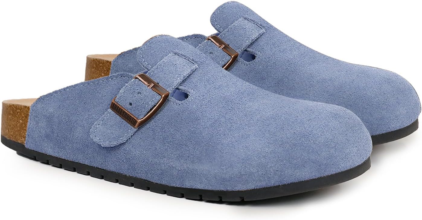 Women's Men's Suede Clogs Leather Mules Cork Footbed Sandals Comfort Potato Shoes with Arch Support(with Socks)