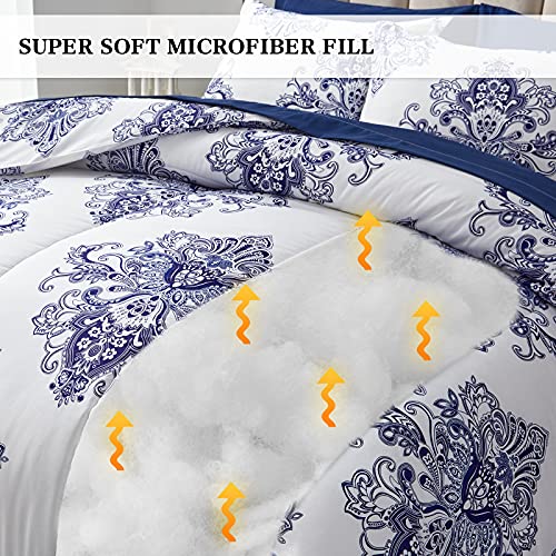 Flysheep 3 Piece Modern Comforter Set Full Queen Size, Blue Damask Medallion On White Bedding Set For All Season, Ultra Soft Microfiber Reversible Comforter + 2 Pillow Shams #TOP2