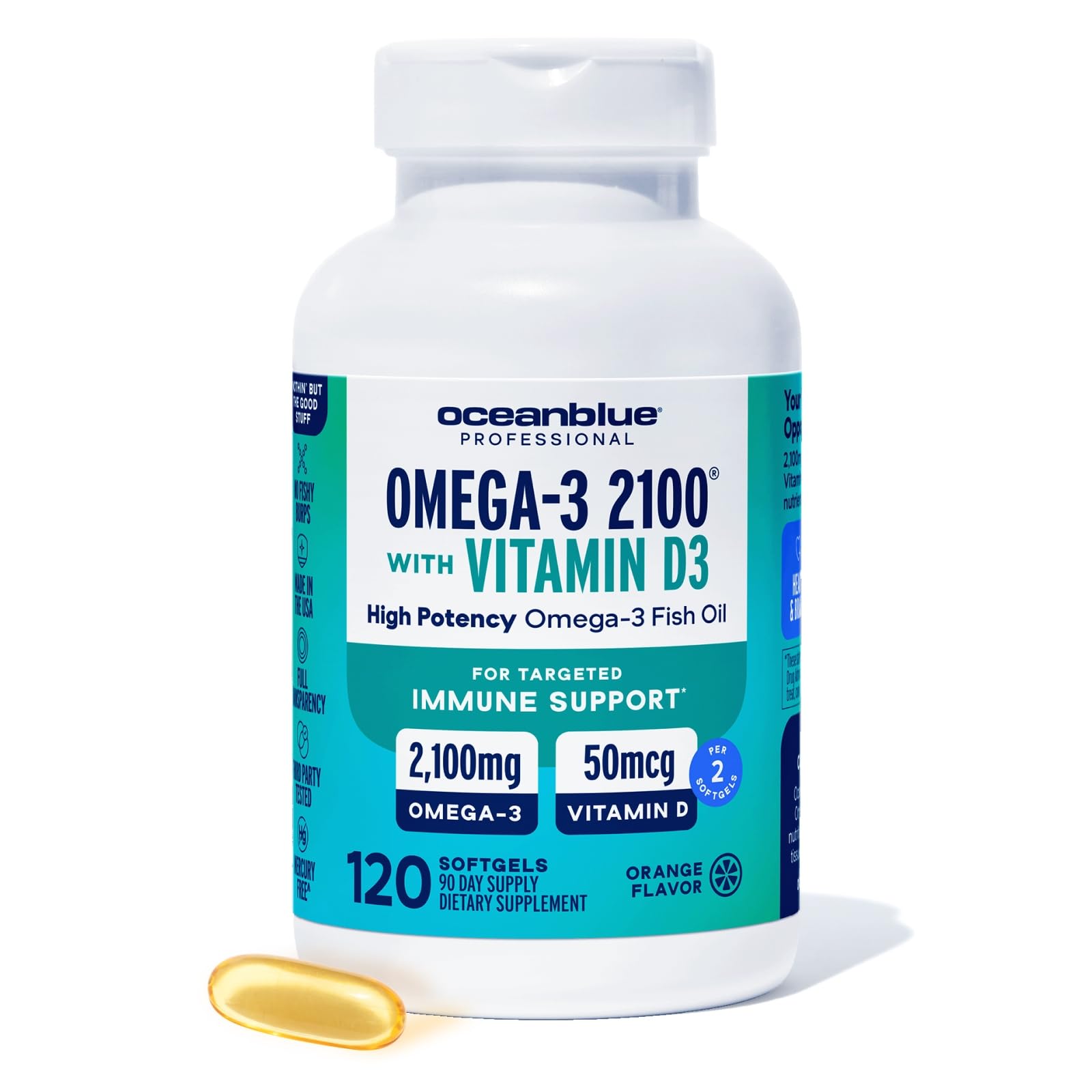 Oceanblue Professional Omega-3 2100 with Vitamin D3 – 120 ct – Triple Strength Burpless Fish Oil Supplement with High-Potency EPA, DHA, DPA and Vitamin D3 – Wild-Caught – Orange Flavor (60 Servings)