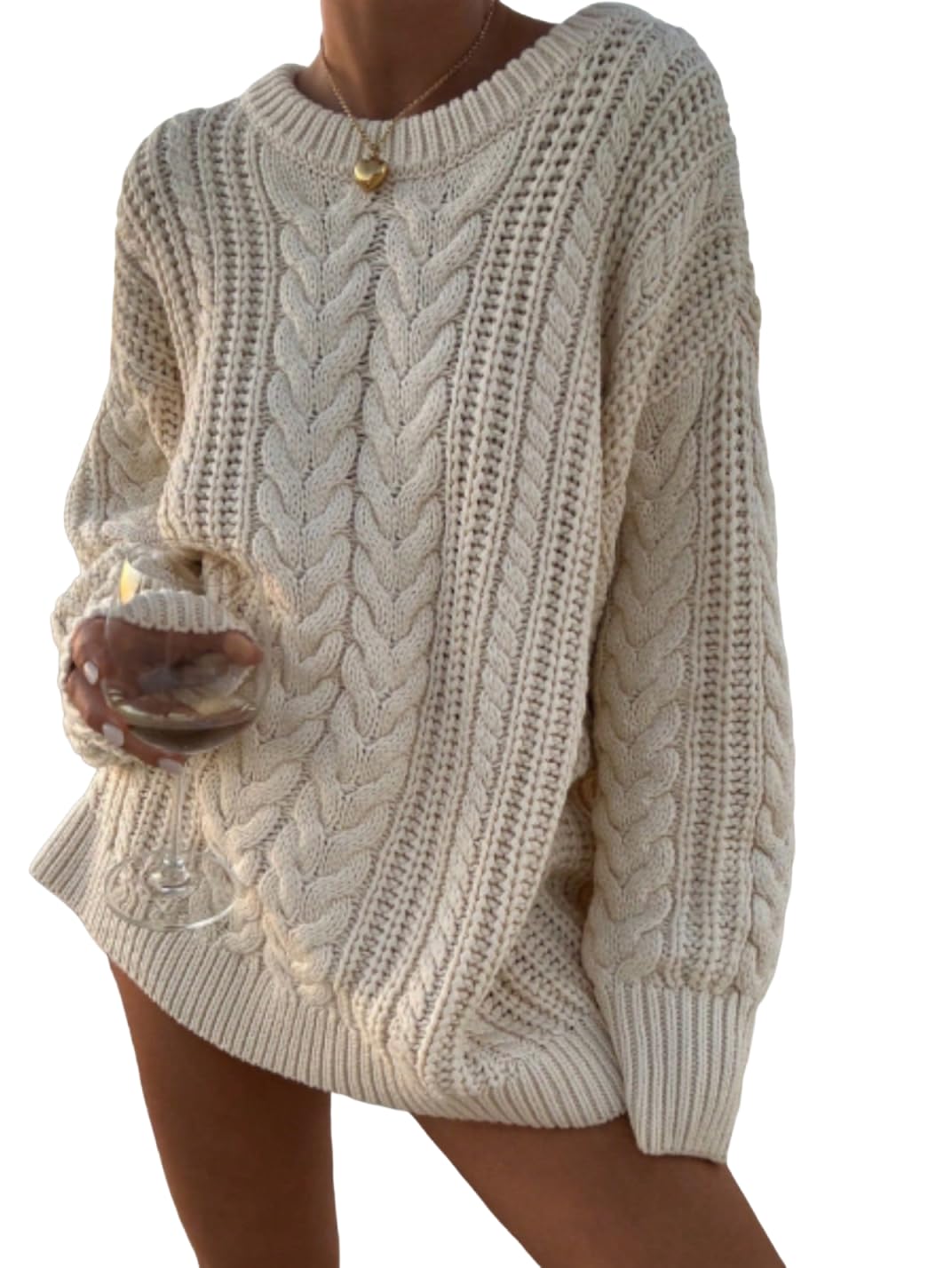 ZAFUL Womens Oversized Sweaters Cable Knit Crew Neck Long Sleeve Pullover Sweaters for Fall Winter