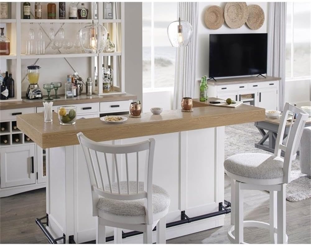 Pemberly Row Modern Wood Bar, 78 in Wide, Quartz Insert Top, White and Natural Finish, Poplar Solids and Birch Veneers, Seating for 5, Storage Shelves and Drawers, Burnished Bronze Accents for Home