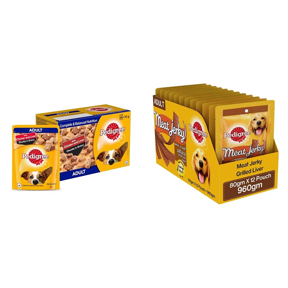 Pedigree Adult Wet Dog Food, Chicken & Liver Chunks in Gravy, 70 g (Pack of 15) & Adult Dog Treat Sticks Meat Jerky Stix, Grilled Liver, 12 Packs (12 x 80g) (B09VKLPL1Z) Amazon Price History, Amazon Price Tracker