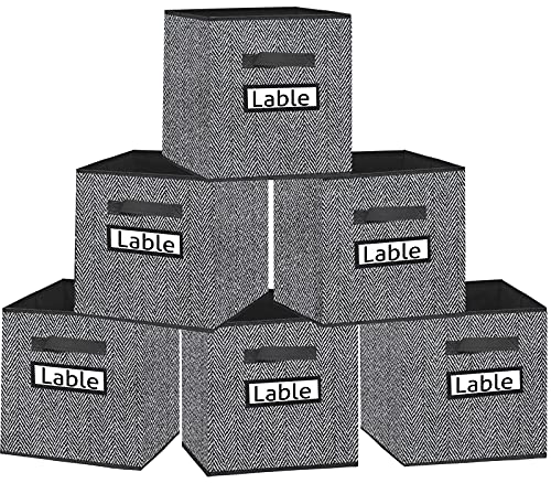 Cube Storage Bins, 12x12 Foldable Fabric Closet Storage Bin Organizer Baskets Box with Labels and Durable Handles for Shelf,Nursery and Office,Set of 6 (Black)