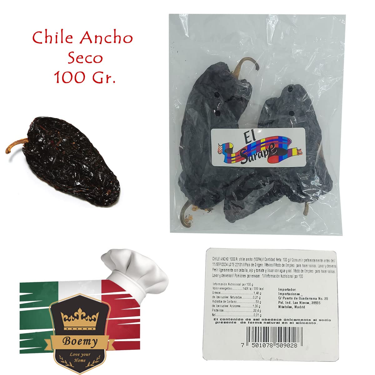 El Sarape Pack Chiles Mexicanos 4 Variedades Chiles Secos 100g Chile de Árbol Guajillo Pasilla Ancho