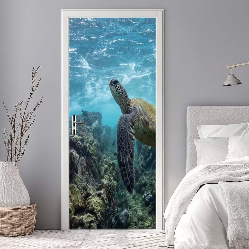 Stickers Porte 3D Trompe l'oeil Mural Tortue Fonds Marins Autocollants de Décoration pour Porte Sticker Mural Interieure Papier Peint Imperméable pour Salon Cuisine Chambre 95X215 -MT2357