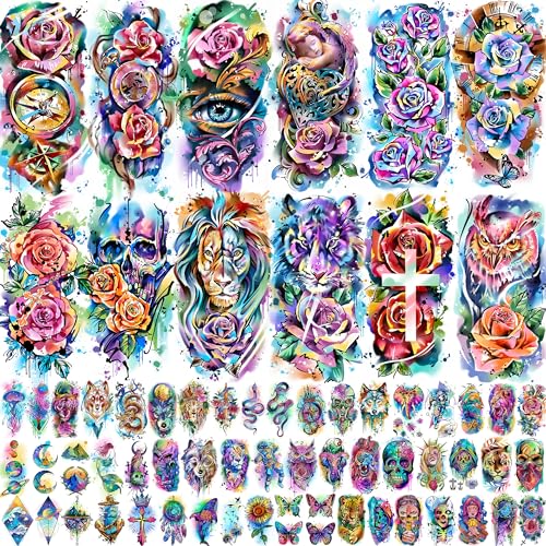 FANRUI 65 Sheets Watercolor Peony Rose Floral Temporary Tattoos For Women Arm Shoulder, Groovy Compass Flower Fake Tattoo Owl Blue Tribal Eye Skull Tiger, Long Lasting Tatoos Sleeve Angel Girls Adults