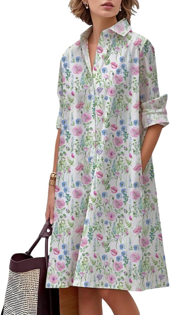 Shirt Dresses for Women 2025 Knee Length V Neck Boho Floral Printed Loose Work Button-Down Tunic Dress
