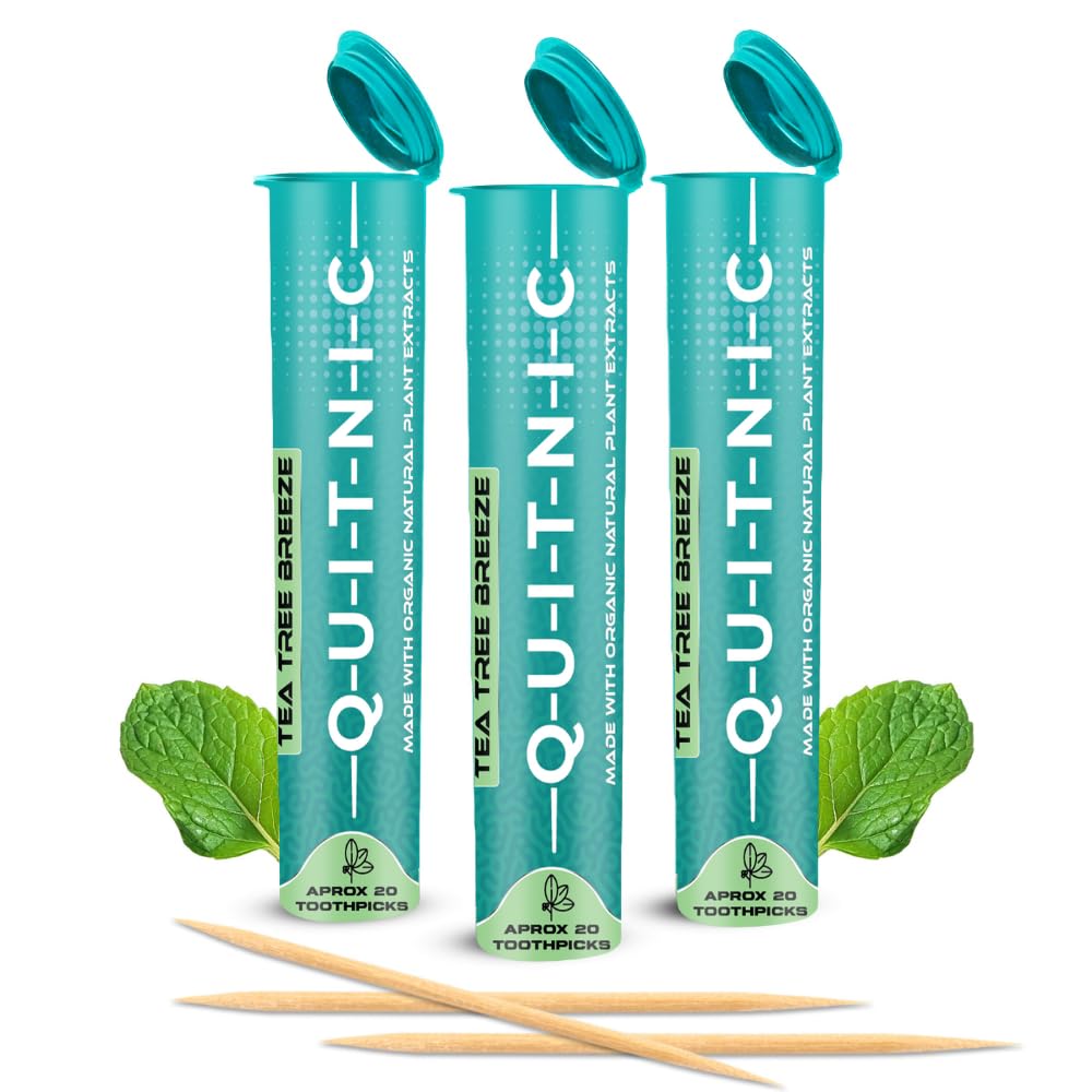 Quit-NIC Premium Infused to The Core Flavored Toothpick Extra Thick & Long Lasting Fresh Breath Dry Mouth Prevention ToothPicks Kosher Tea Tree Breeze (3 Pack - Packaging May Vary)