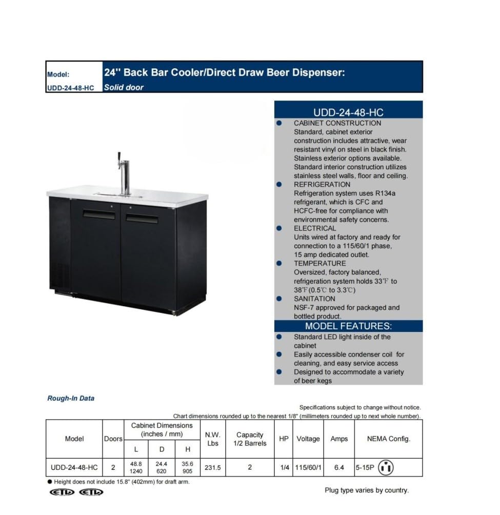 Elite Kitchen Supply Beer Keg Dispenser Kegerator, Commercial Etl Fridge Cooler, 2 Half Barrels 2 Tap, 2 Half Keg, 1 Tower Stainless Steel 48" W on Fridge.com - View 2