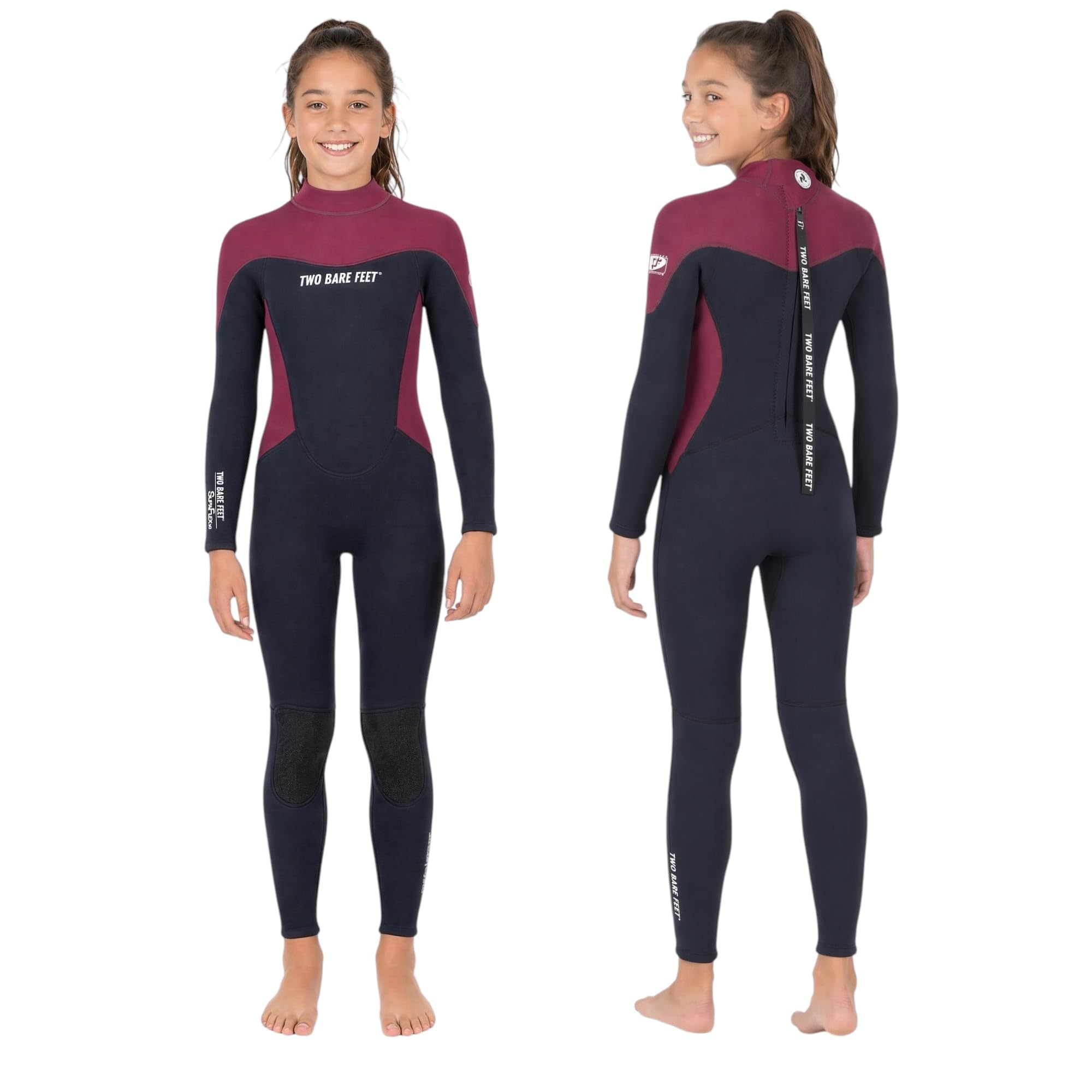 Two Bare Feet Kids SupaFlex Full Length 3/2mm Summer Wetsuit – Lightweight Neoprene for Swimming, Surfing & Water Sports (SupaFlex (Burgundy/Black), S)