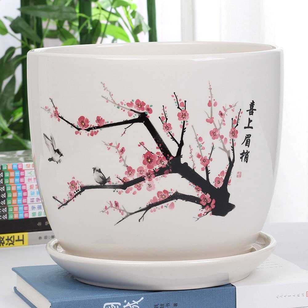 Ceramiczne doniczki do roślin i donice wewnątrz na zewnątrz. kwiatów w stylu chińskim z motywem kwitnącej śliwki. Doniczki sukulenty bonsai(D 22CM)