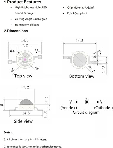 Miniatura 3 de 10PCS 3W UV de alta potencia LED chip púrpura emisor de luz componente diodo LED lámpara perlas para iluminación DIY (700mA3.2-3.6V410nm-415nm)
