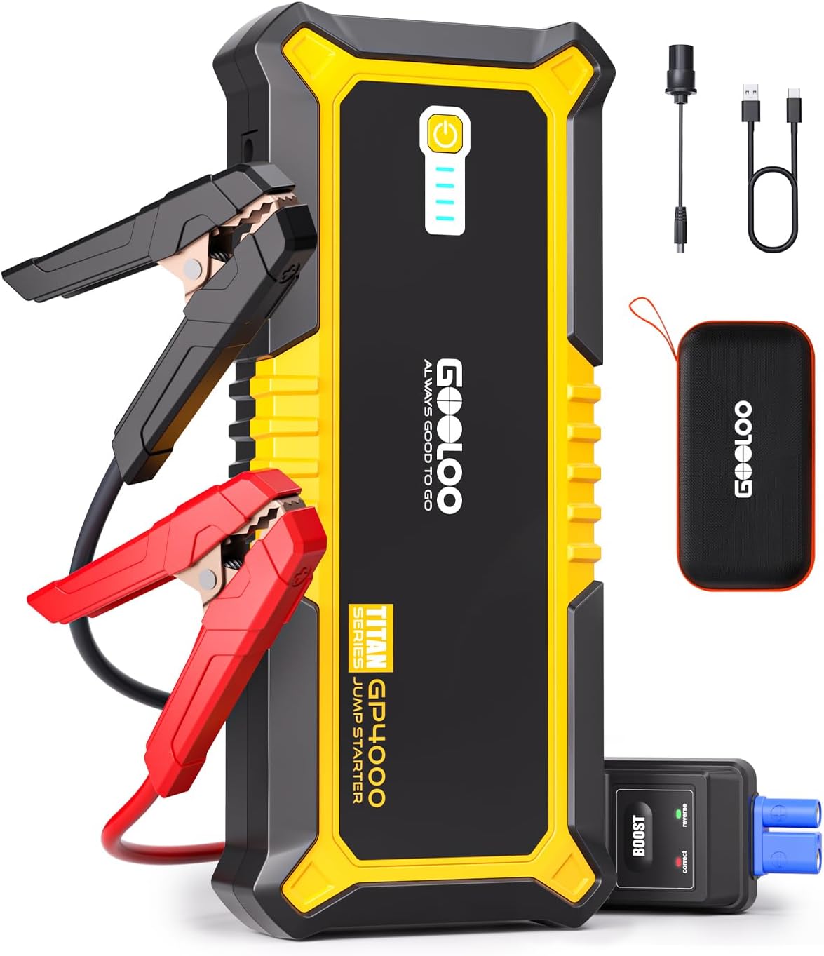 Portable Lithium Jump Starter 4000A Peak Car Starter (All Gas, up to 10.0L Diesel Engine) 12V Car Battery Booster Pack, Power Bank with USB Quick Charge and Type C Port