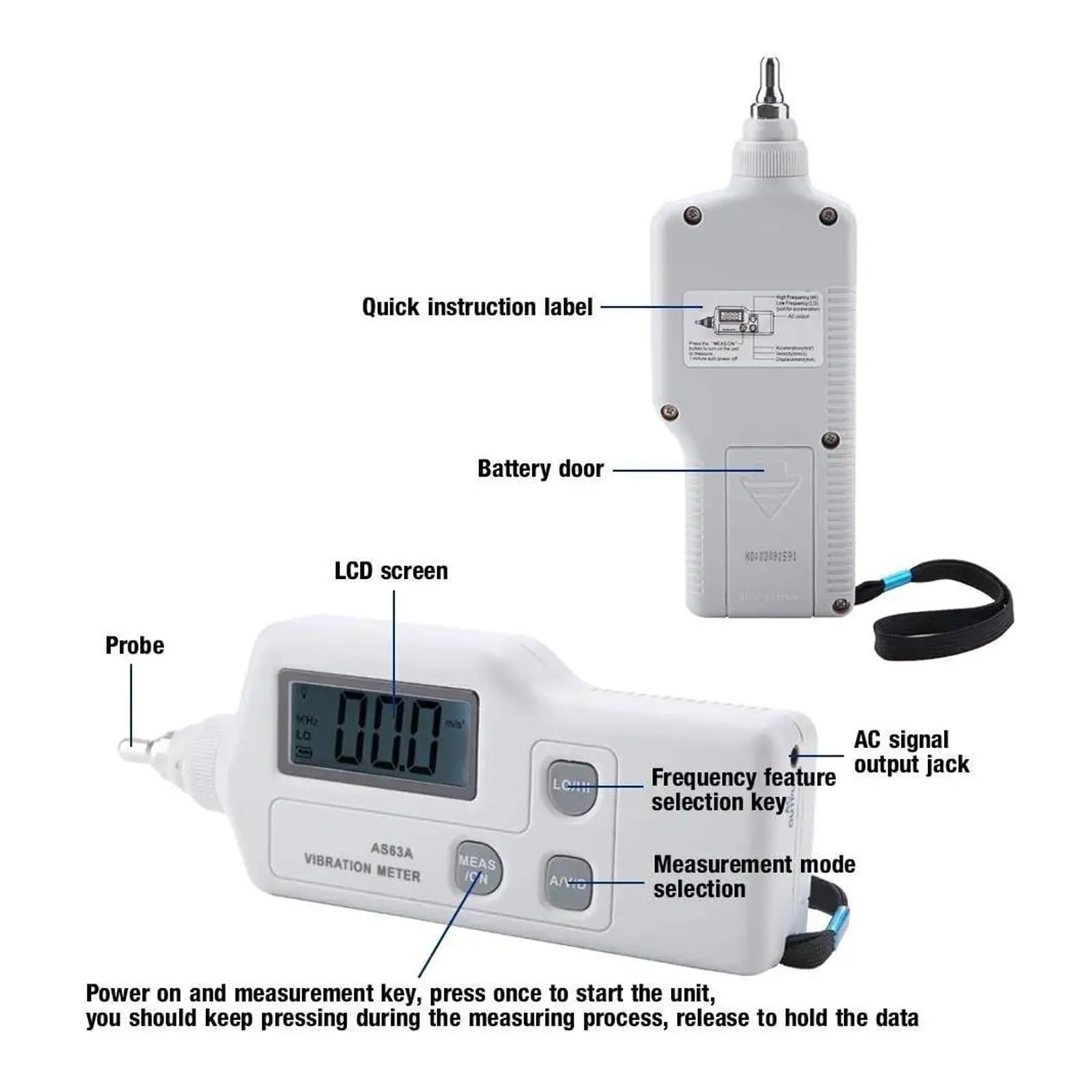 Capteur de Vibrations, AS63A Capteur intelligent Accélération/Déplacement/Vitesse Analyseur de vibrations Vibromètre Compteur de vibrations portable