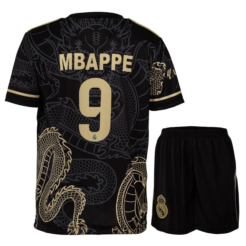 R. Madrid #9 Mbappe Édition Spéciale Dragon Noir Maillot de Football pour Enfants Nouvelle Saison, Shorts, Tailles Jeune