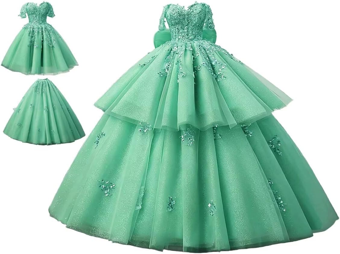 Asulla 2 in 1 Quinceanera Dress with Bow Off Shoulder Sweet 16 Ball Gown Sparkly Beaded Vestidos De 15 Años Quinceañera