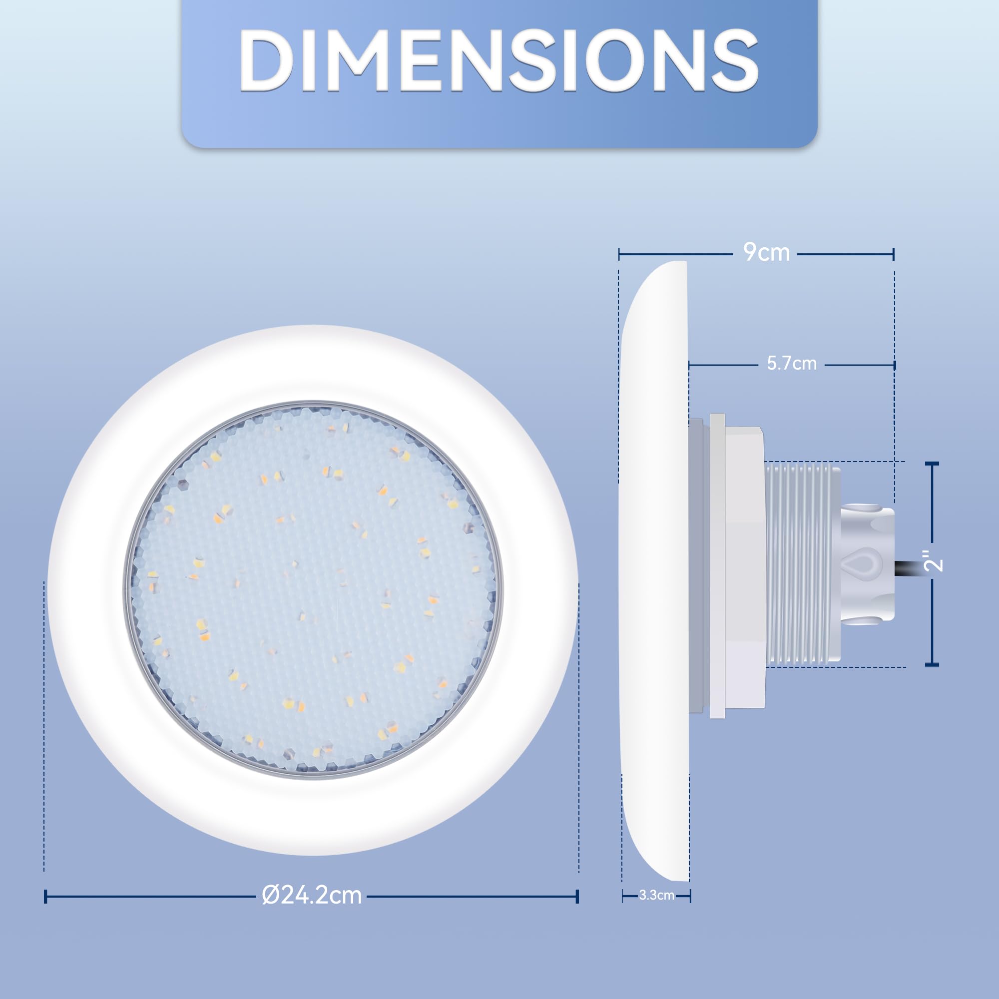 LyLmLe Proiettore Piscina LED con Filettatura Esterna 2", 18W Lampade Piscina 2 Colori Selezionabili Bianco 3000K & 6000K, Ø242mm, 12V AC Luce Sommergibile per Piscinas Fuori Terra Acciaio
