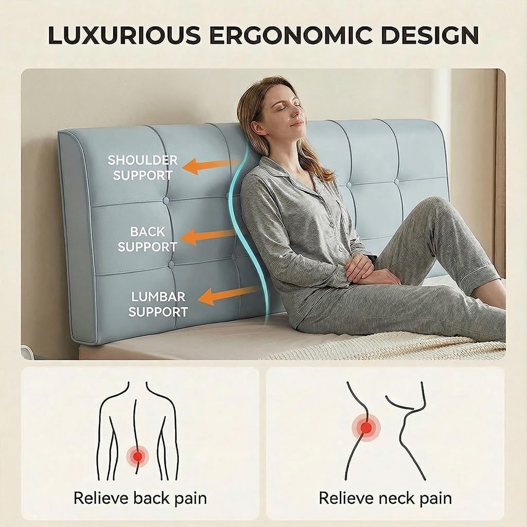 Wall Headboard Pillow Universal Fit - Premium Flannel Ergonomic Back Support with Side Pocket, Tool-Free Installation for Dorms/Bedrooms/RVs (Cornflower Blue, Queen (61 in x 24 in x 4 in))