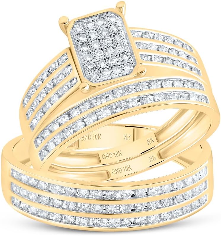 Jewels By Lux 10kt Yellow Gold His & Hers 7/8 Cttw Natural Diamond Emerald Bridal Wedding Ring Band Set, Women Size: 5-9, Men Size: 8-12