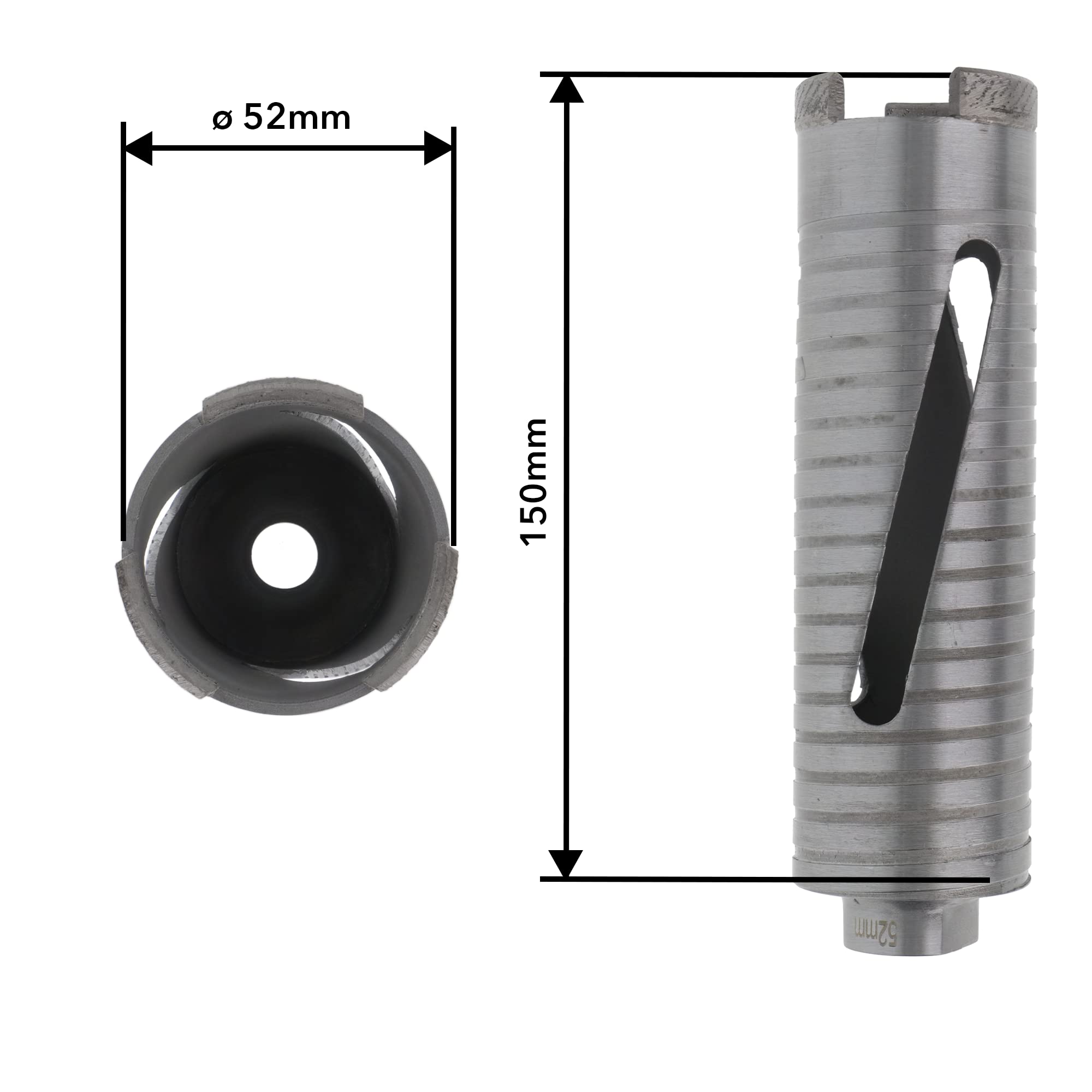PRODIAMANT Diamentowa wiertnica rdzeniowa ø 52 mm długość efektywna 150 mm z adapterem SDS do młotowiertarki, segmenty spawane laserowo do wiercenia na sucho