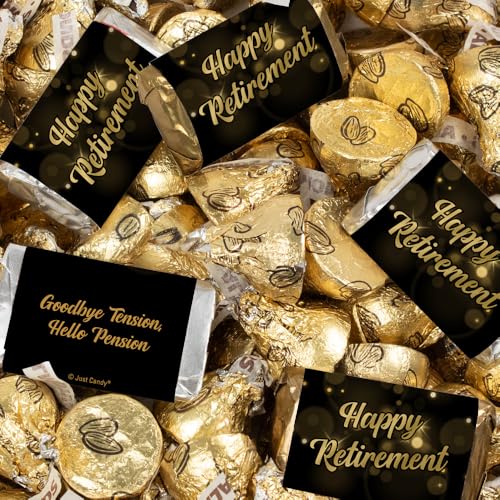 124ct Happy Retirement Black & Gold Candy Mix - Wrapped Chocolate Miniatures & Gold Foiled Almond Milk Chocolate Kisses for Celebratory Party Favors & Gifts
