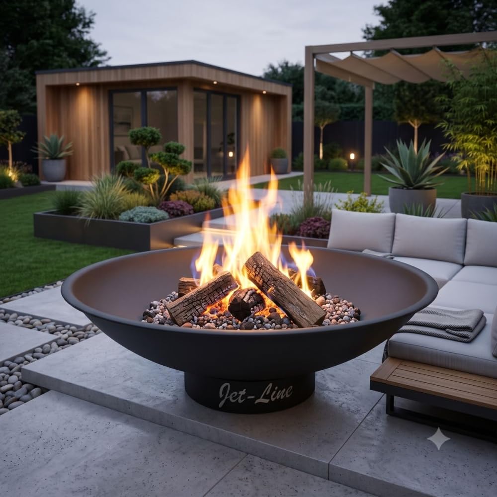 Jet-Line | Feuerschale Katar | schwarz matt | ⌀ 62 cm | Garten + Terrasse | Stahl Grill | Outdoor Feuerstelle