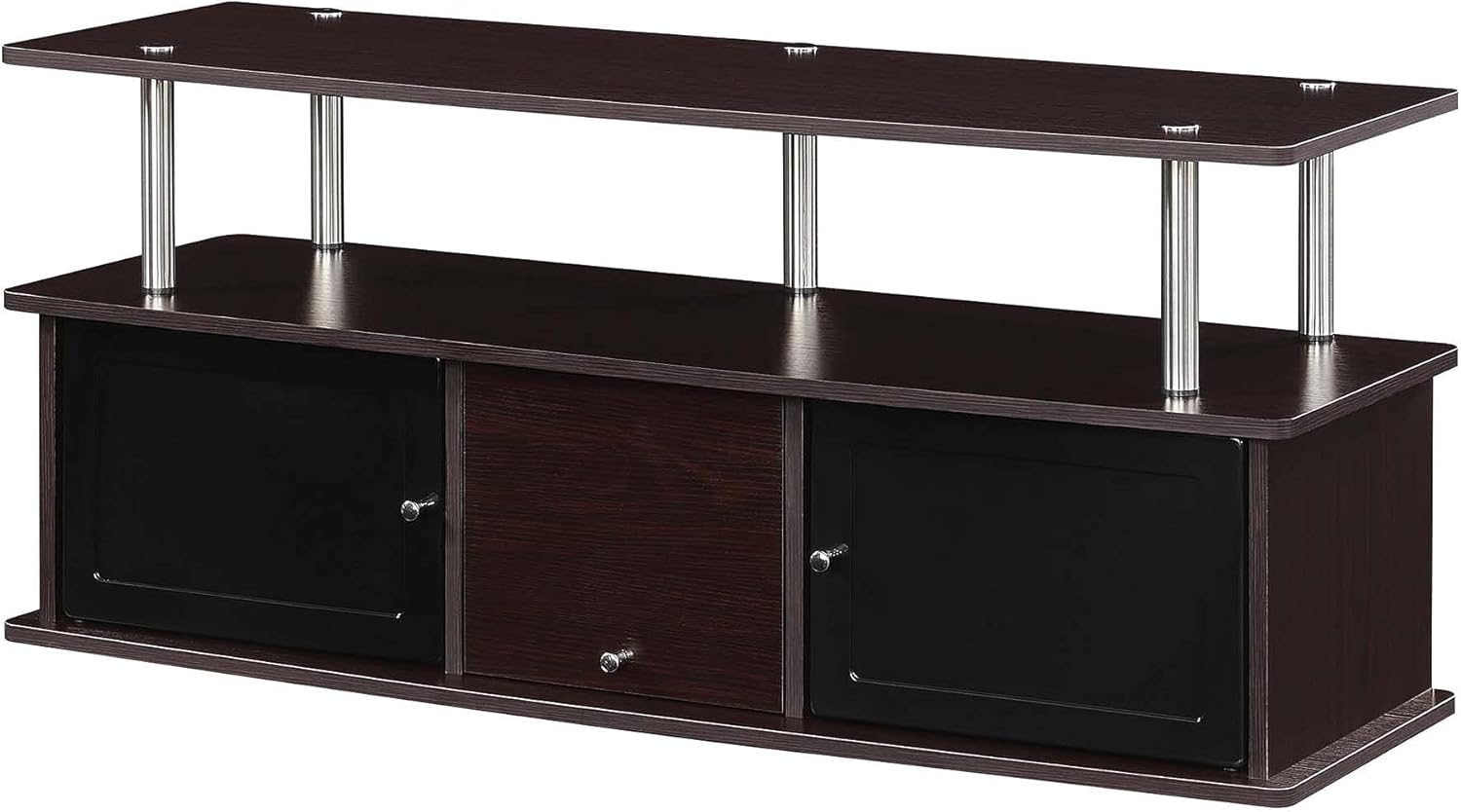 Pemberly Row Easy Assembly 47" TV Stand Entertainment Console with 3 Storage Cabinets in Espresso and Stainless Steel Clad Finish