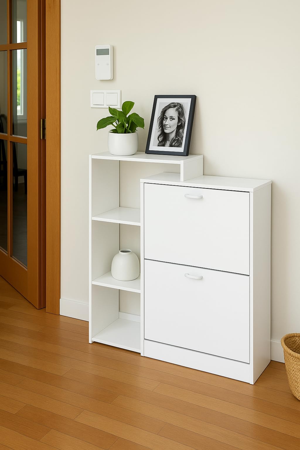 DUPI Zapatero Abatible Orlando | 92 x 79 x 24 cm | Mueble Zapatero Estrecho y Moderno | 2 Puertas Oscilantes | 4 Baldas para 20 Zapatos | 2 Cajones | Blanco
