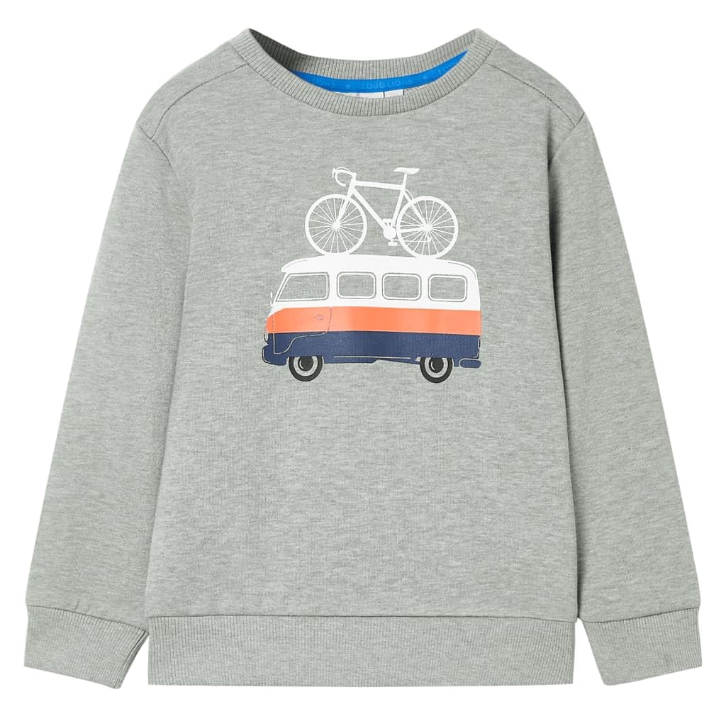 Felpa per bambini a maniche lunghe, in cotone e poliestere, motivo autobus e bicicletta, colore cachi chiaro melange