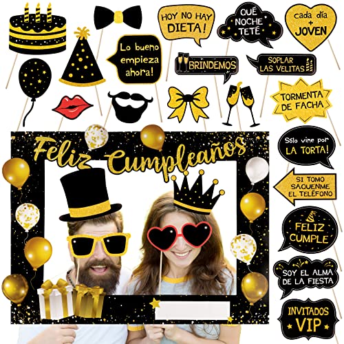 Photocall Feliz Cumpleaños Español 25pcs Foto Props + Marco de Fotocol Oro para Fiesta Cumpleaños...