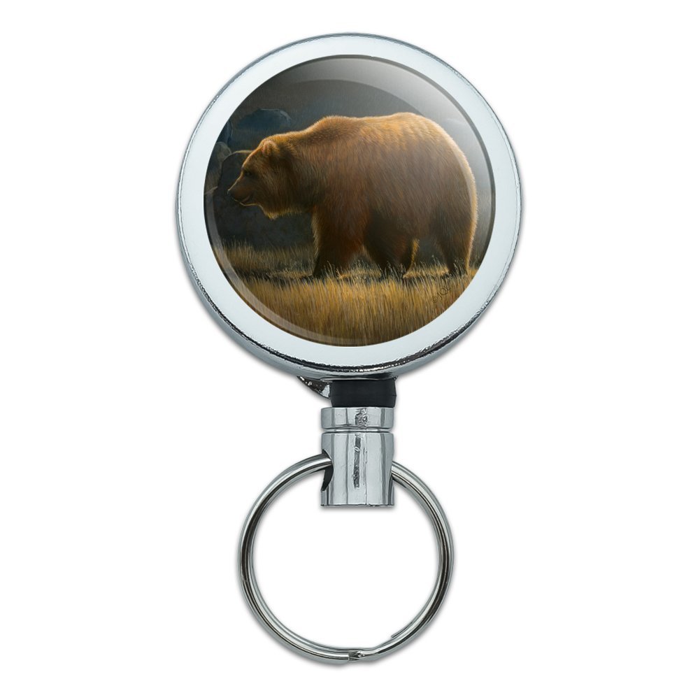 Wandering Grizzly Bear Heavy Duty Metal Retractable Reel ID Badge Key Card Tag Holder with Belt Clip