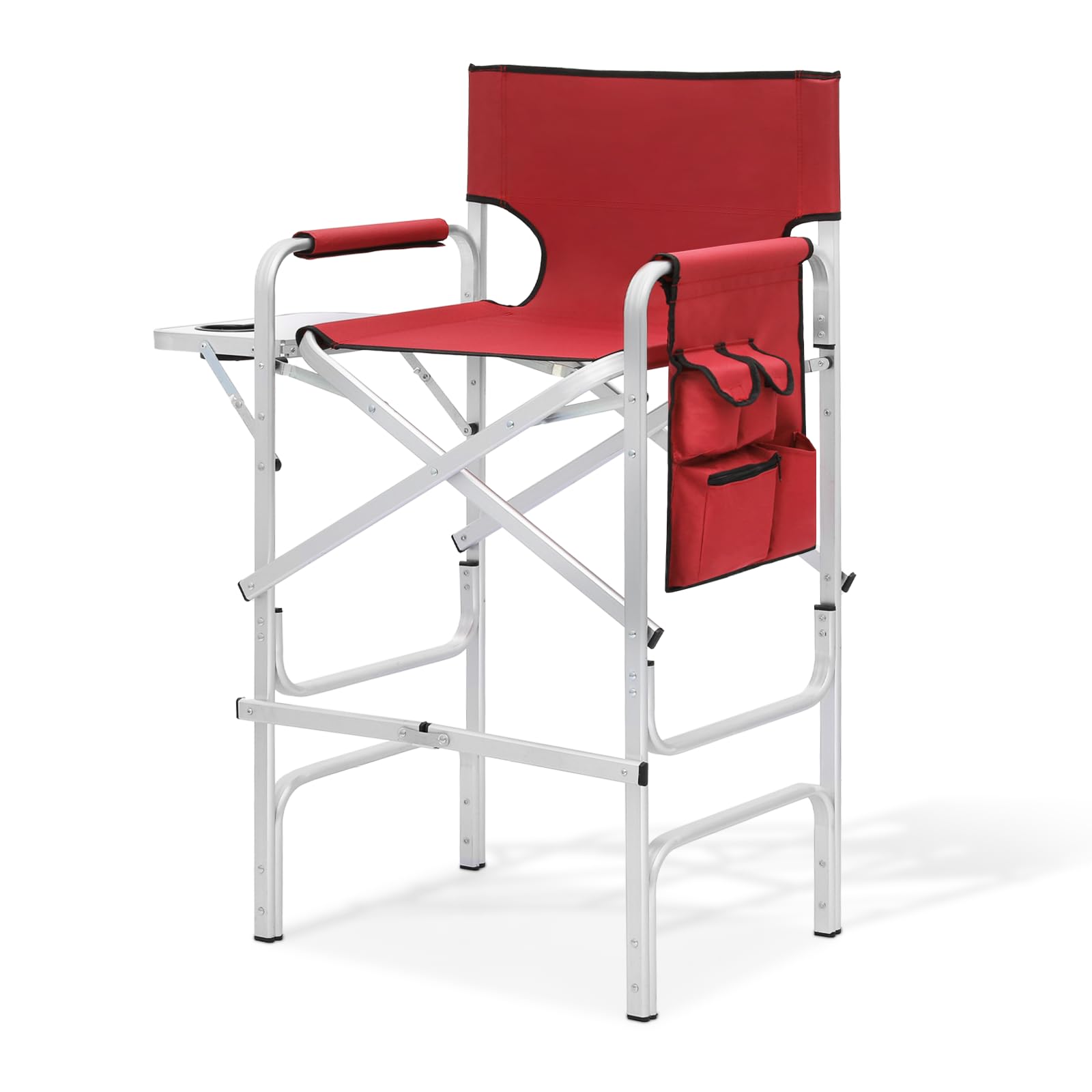 Photo 1 of 44.5'' Tall Makeup Artist Director Chair, Foldable Portable Aluminum Frame Folding Chair with Side Table, Cup Holder and Storage Pockets, 250 lbs Capacity, Red