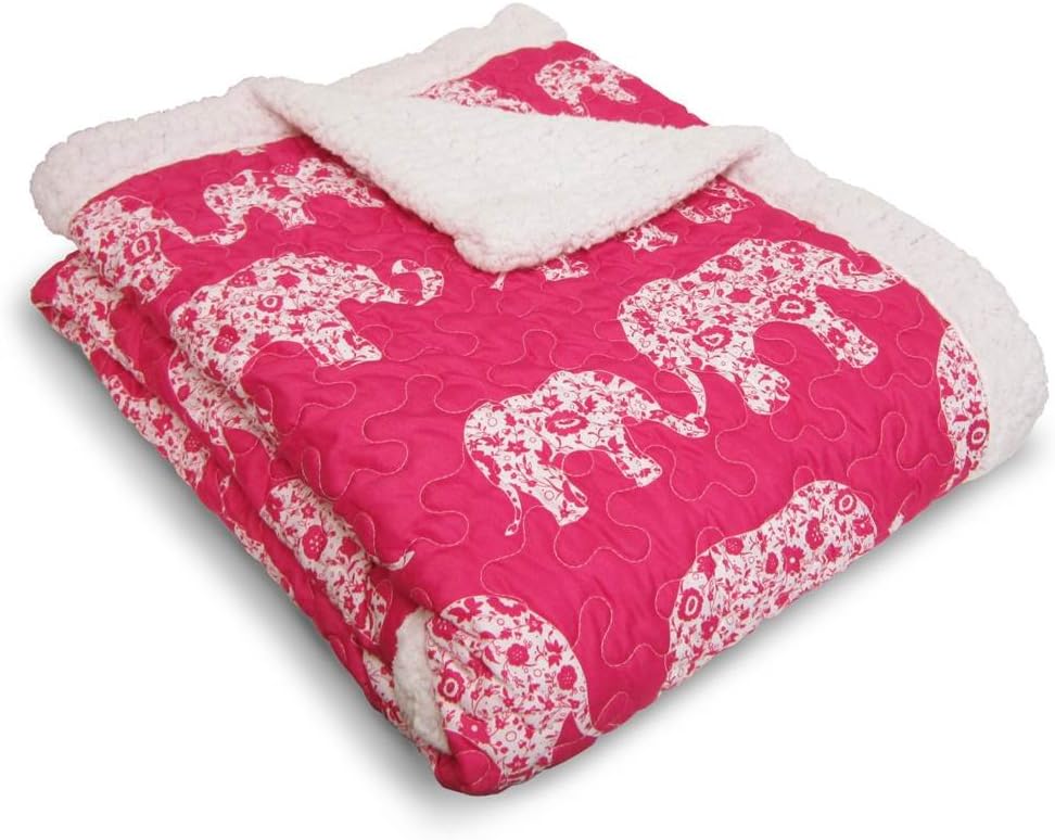 Lush Decor Pink and White Elephant Parade Throw Fuzzy Reversible Sherpa Blanket 60” x 50, 60 x 50