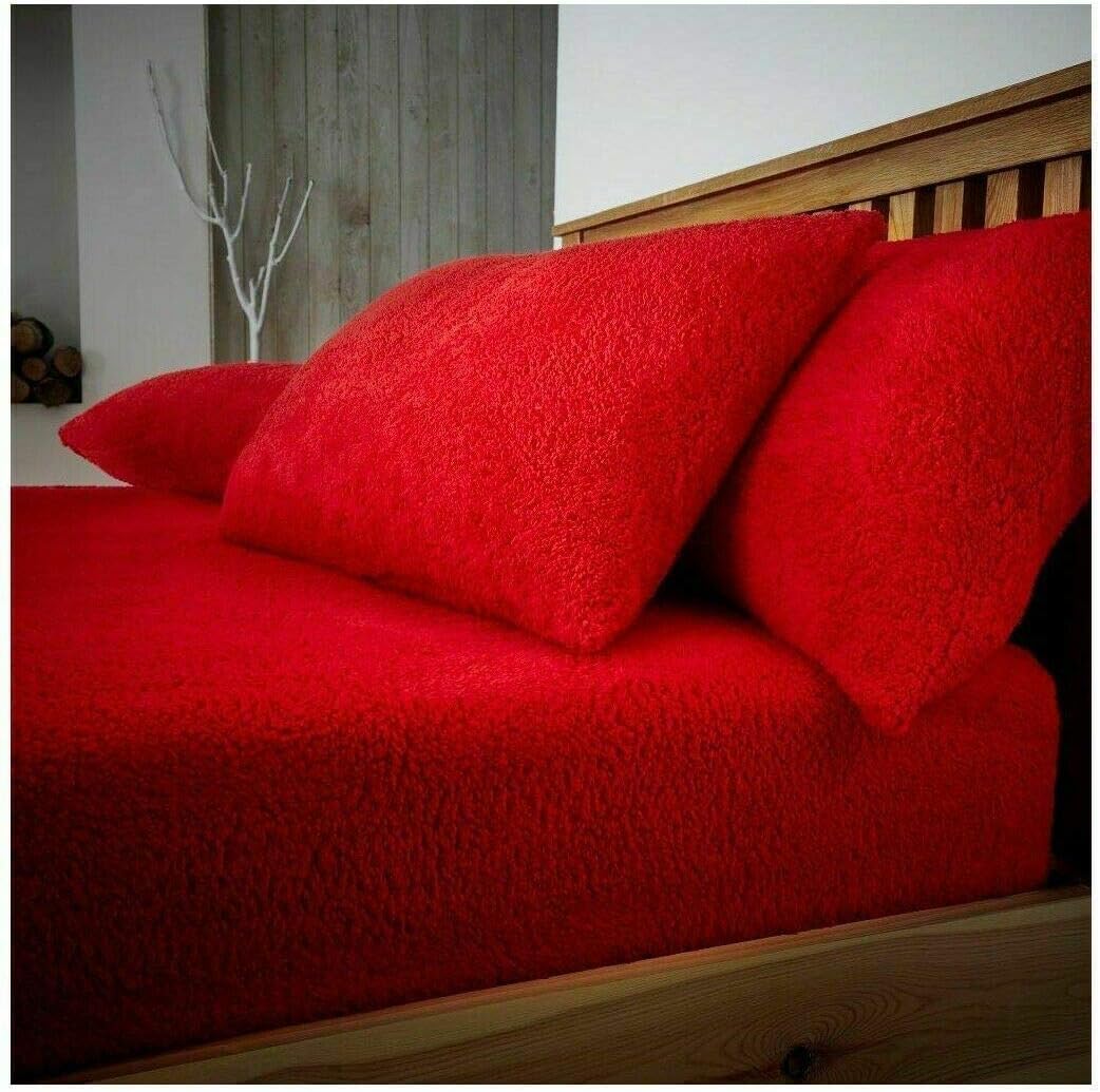 Bluemoon Bedding Red Teddy Bear Pair Pillowcases Warm Cosy Soft Plush Fleece Pillow Cases Plain Thermal Warm Soft Cases Pair (Red)
