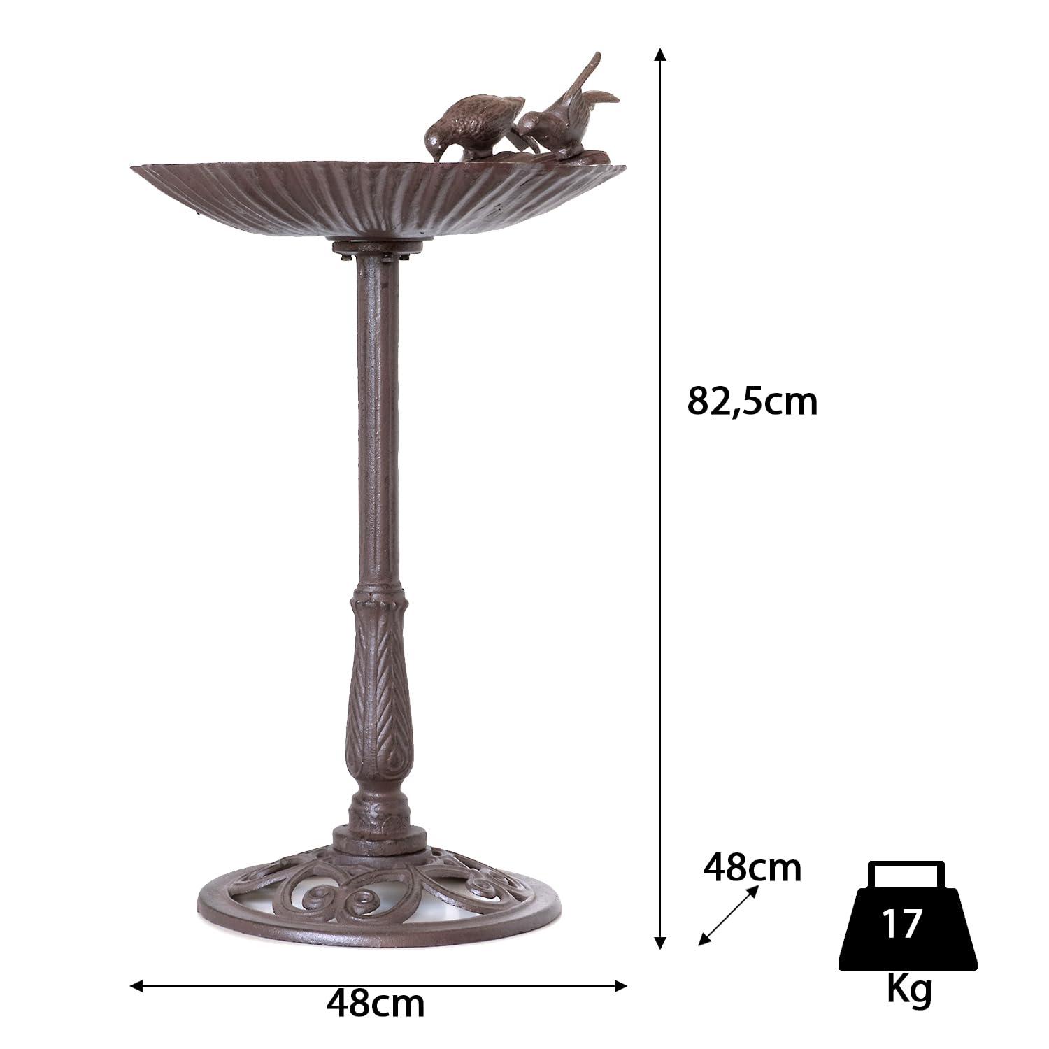 Moritz Bebedero para pájaros, 78 cm de alto, color marrón, hierro fundido, bebedero para pájaros para jardín, baño de pájaros con soporte, diseño antiguo