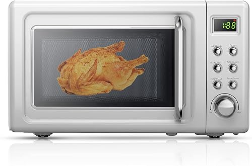 Horno microondas compacto de 0.7 pies cúbicos, temporizador digital y bloqueo para niños, microondas pequeño con plato giratorio de vidrio y 6