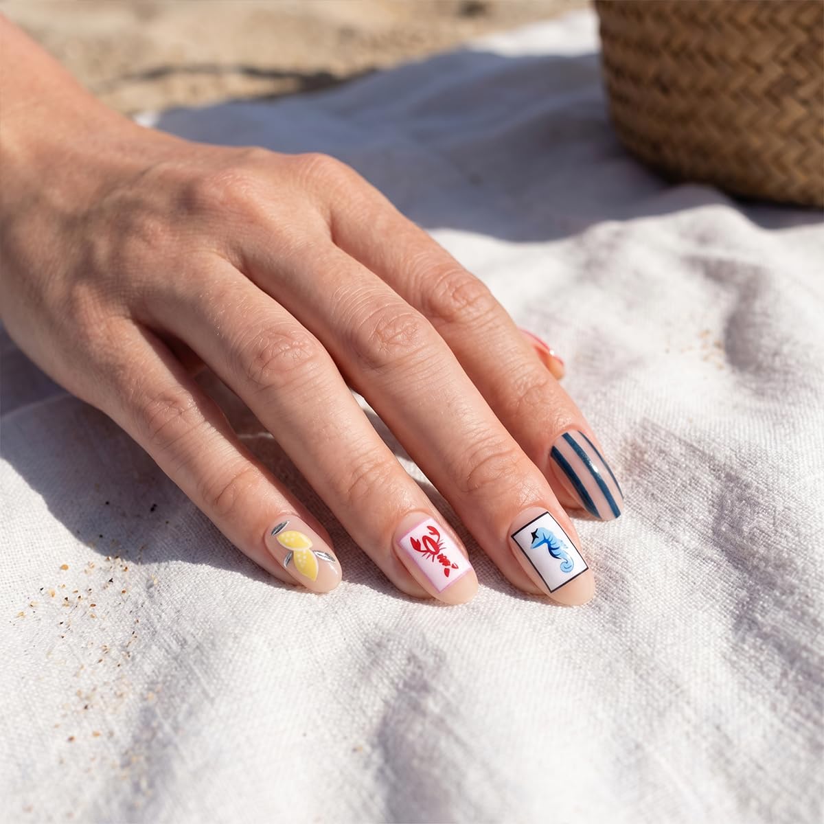 Almond Press On Nails - Short Style Summer Beach Lemon Flower Seahorse Fish Striped Fake Nails Glossy Finished Reusable False Nails with Glue Tabs - 24Pcs Nail Kit for Women Manicure