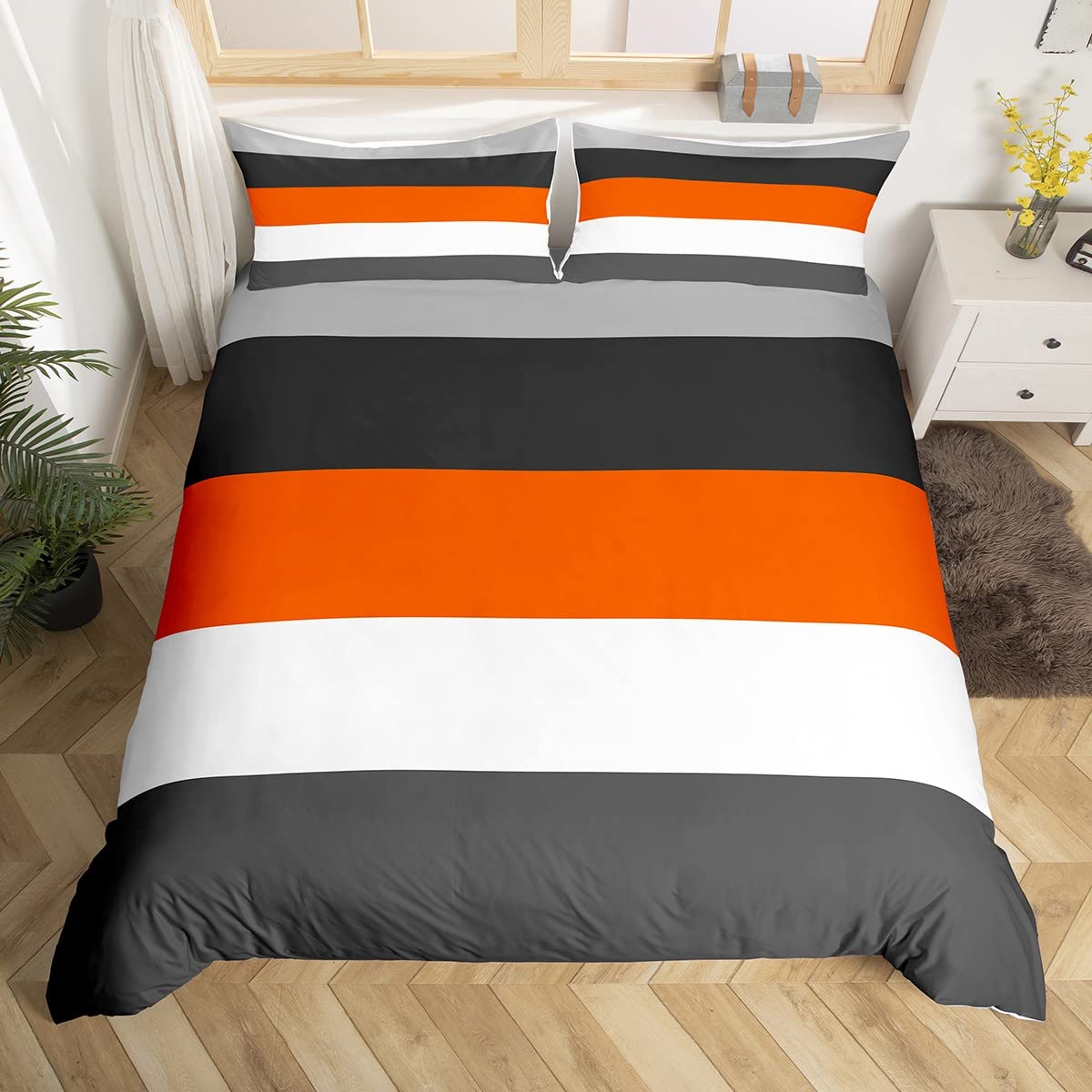 Loussiesd Kids Geometric Abstract Bedding Set Grey Orange Stripes Lines Duvet Cover for Kids Women Men Bedroom Modern Square Decor Comforter Cover Set Decor Bedspread Cover Single Size Bedclothes