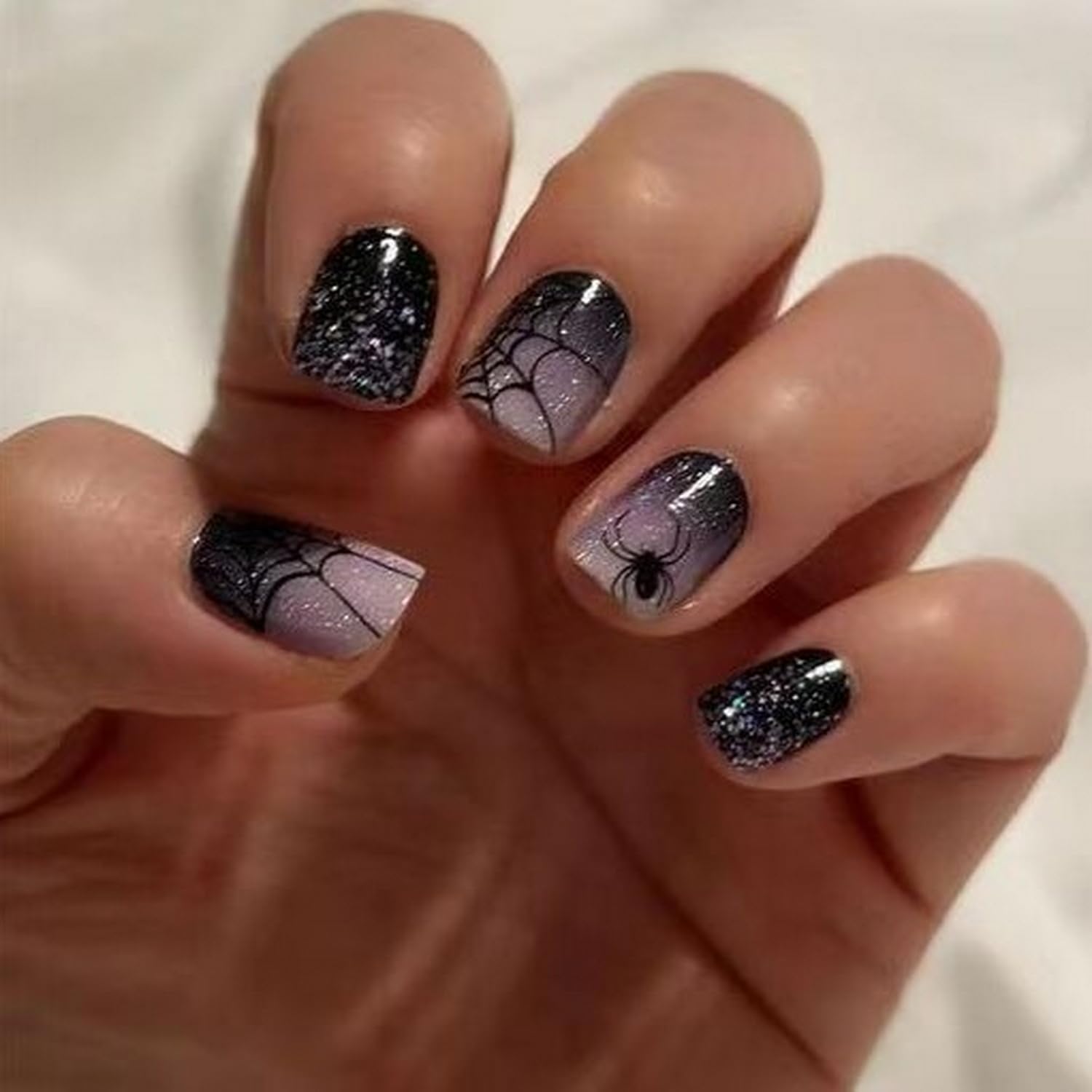 Halloween Press on Nails Silver Glitter Fake Nails Spider Web Designs Extra Short Square False Nails Halloween Spider Acrylic Nails Full Cover Stick on Nails for Women DIY Manicure 24 Pcs Style 1