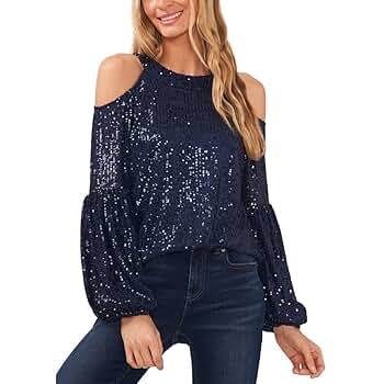 CeCe Womens Sequined Cold Shoulder Blouse Navy XS at Amazon