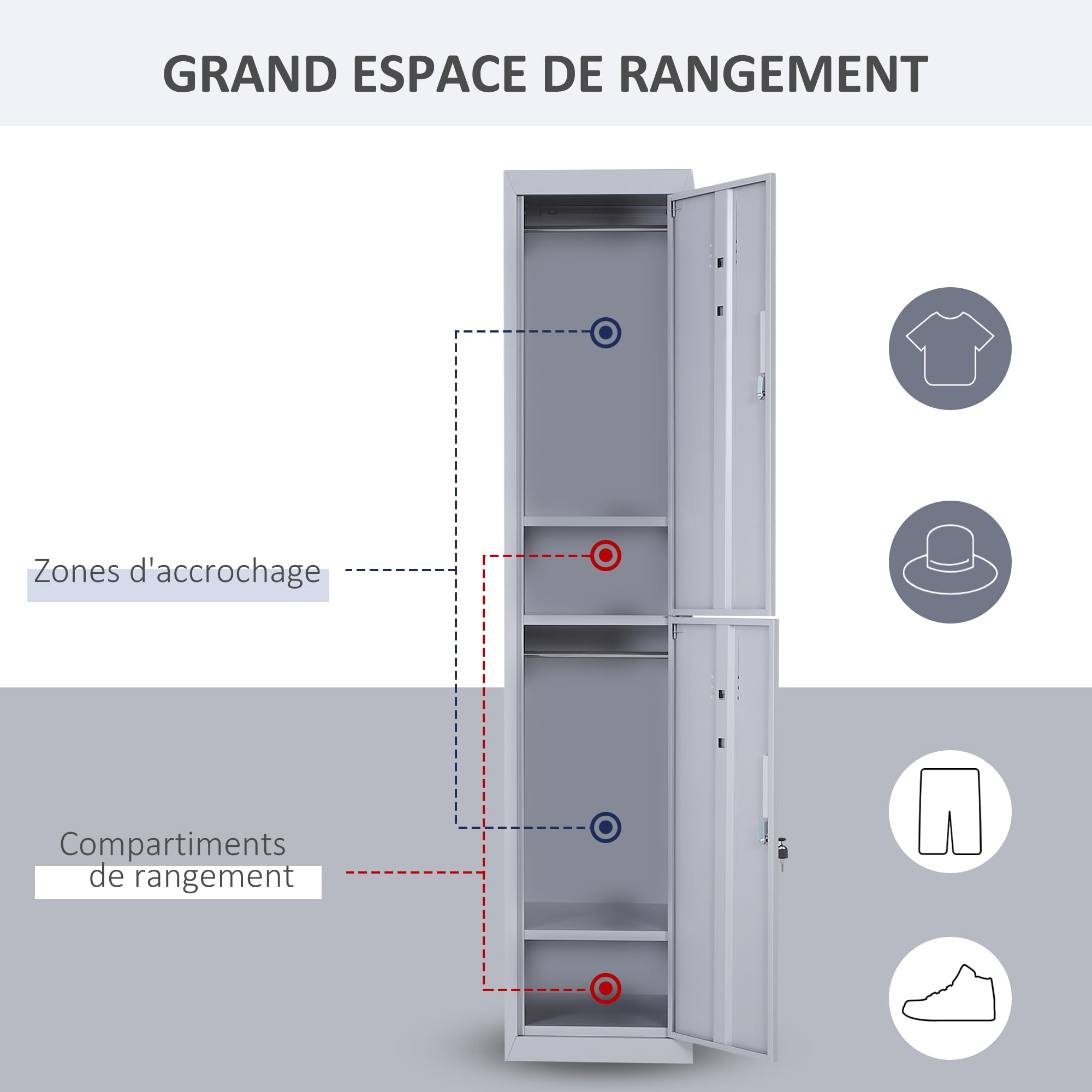 Vinsetto Armoire à Casiers à 4 Niveaux Casier Vestiaire 38x46x180 cm Gris | Casier Vestiaire Métallique, 2 Portes Verrouillables, Tringle de Suspendre, Armoire de Rangement, Bureau, Garage, École